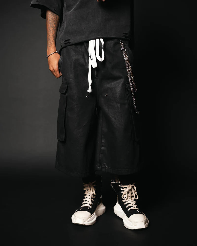 WAXED DENIM LONG CARGO SHORTS
