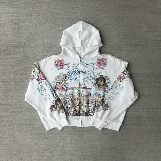 "HOLY" DISTRESSED ZIP