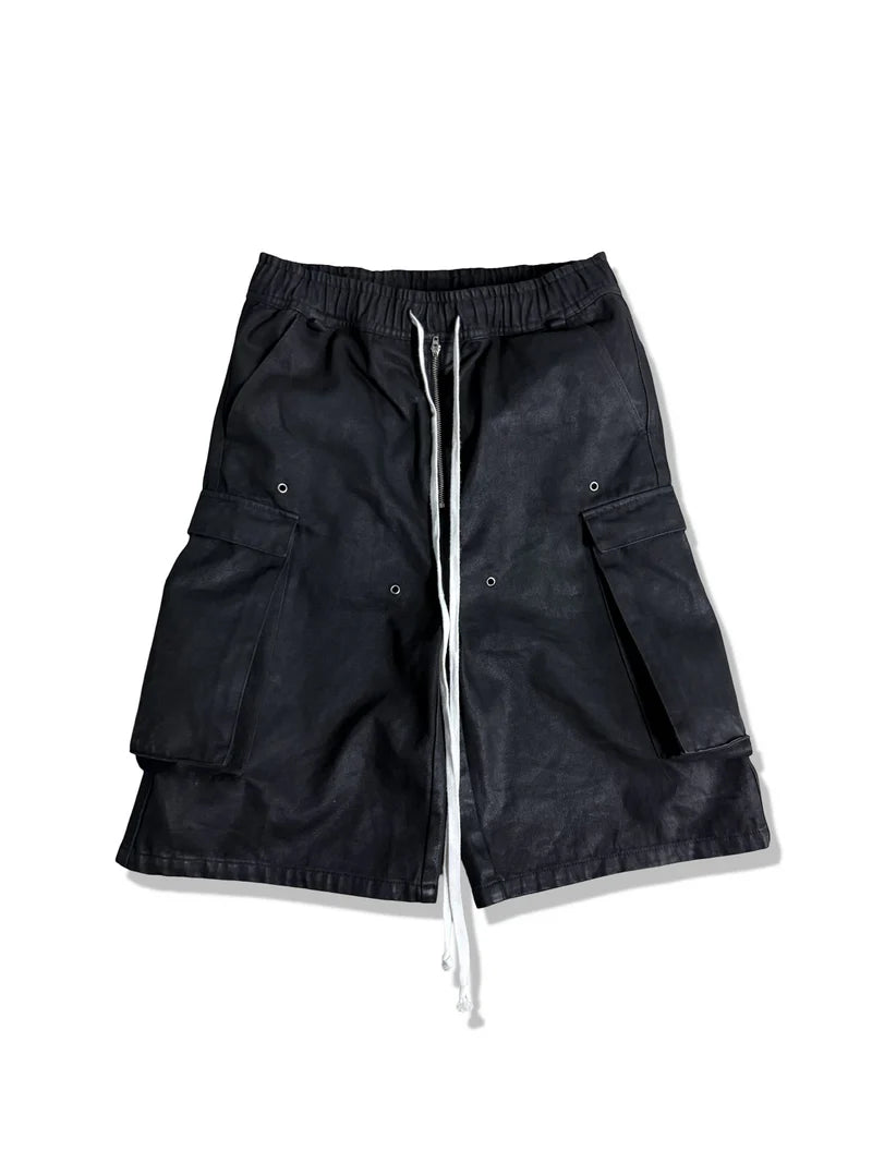 WAXED DENIM LONG CARGO SHORTS