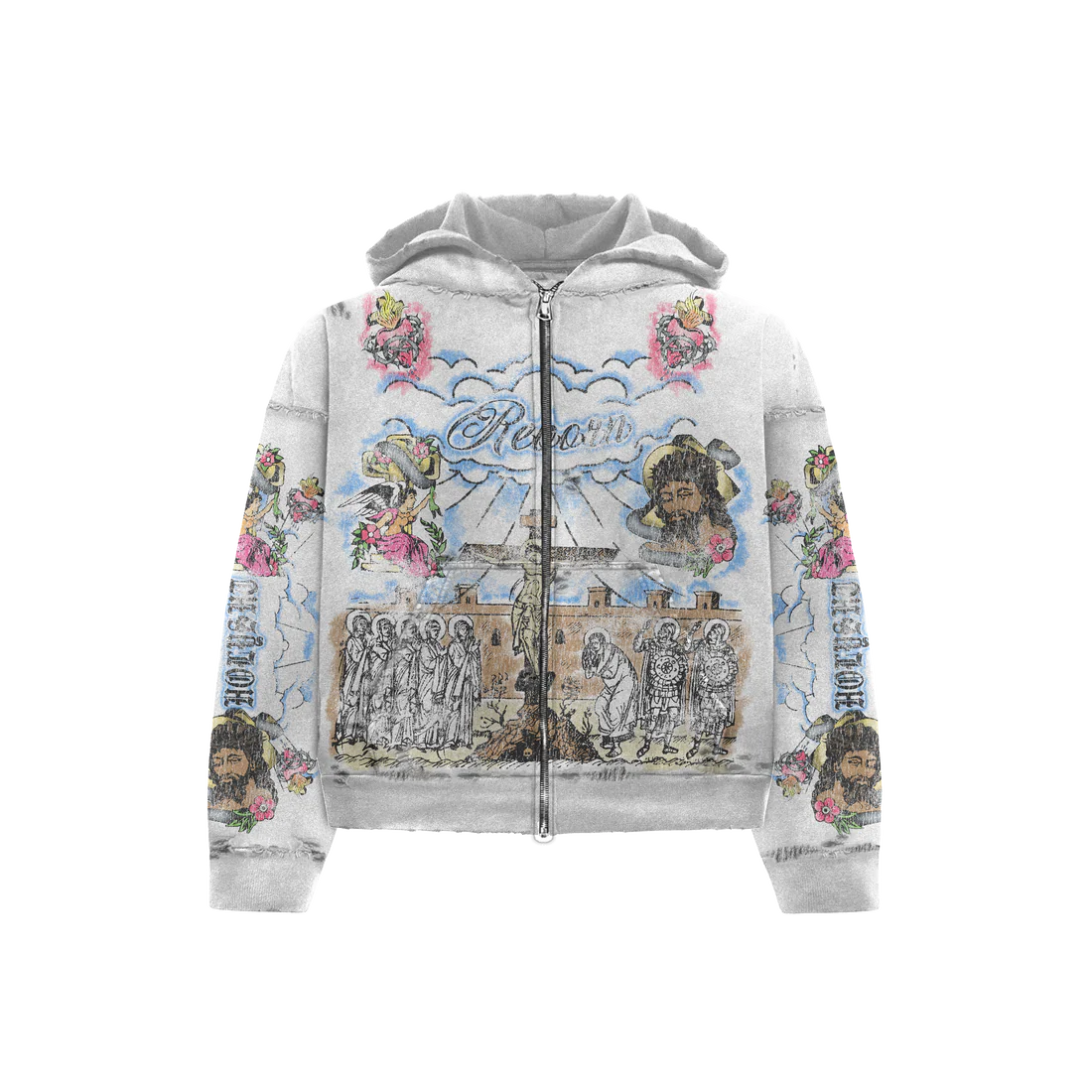 "HOLY" DISTRESSED ZIP