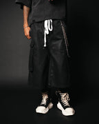 WAXED DENIM LONG CARGO SHORTS