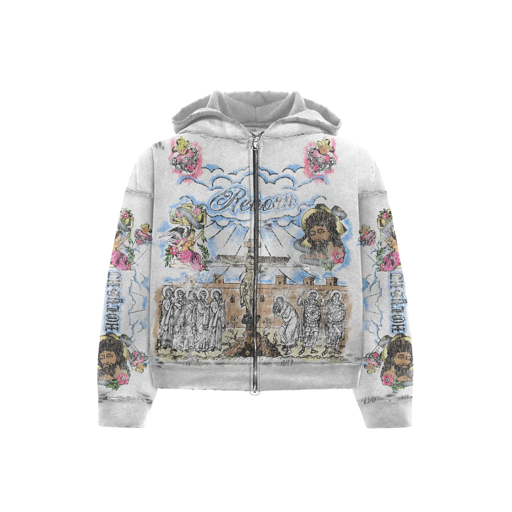 "HOLY" DISTRESSED ZIP